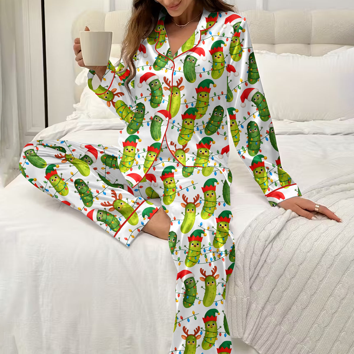 Christmas Pickle and String Lights Print Long Sleeve Pajama Set
