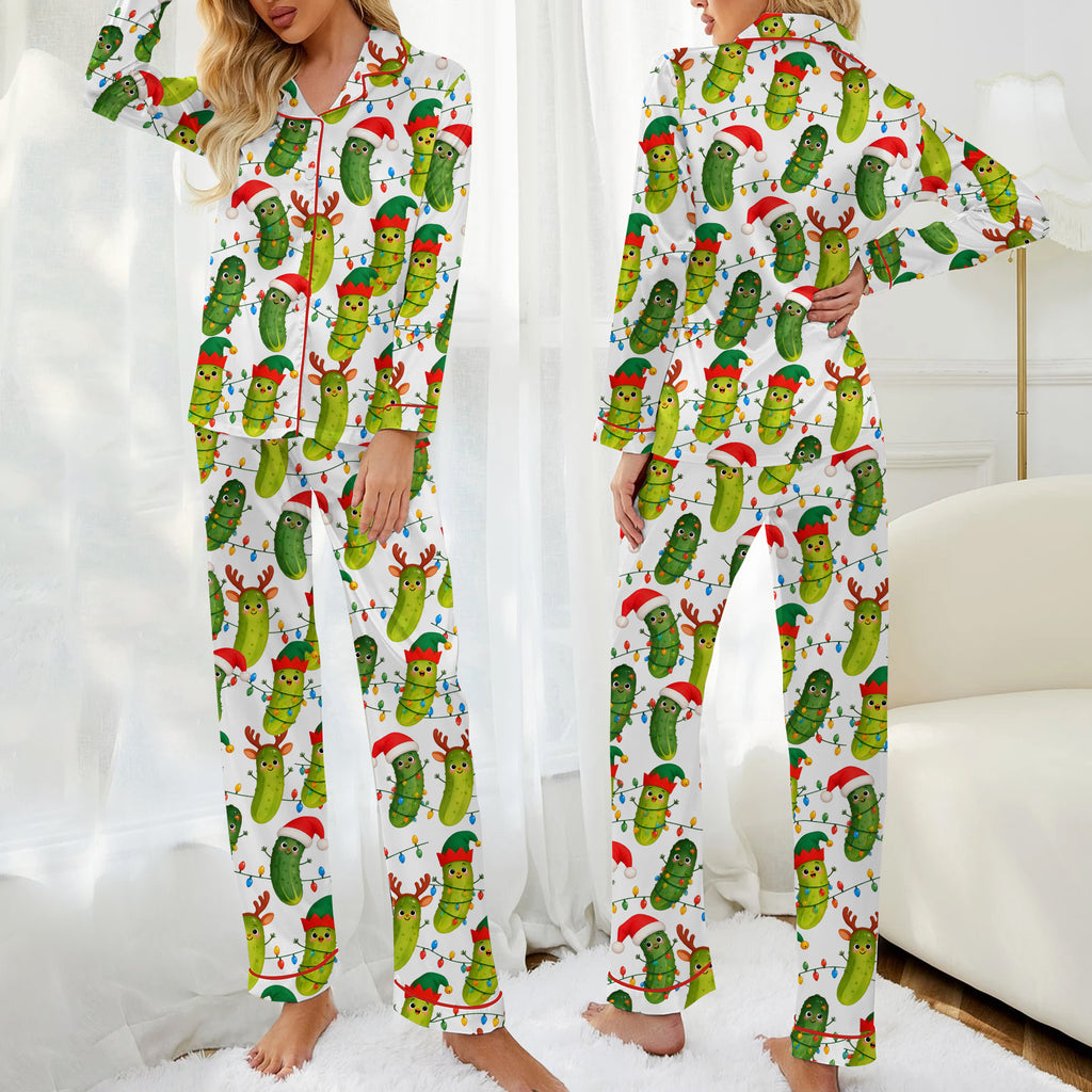 Christmas Pickle and String Lights Print Long Sleeve Pajama Set