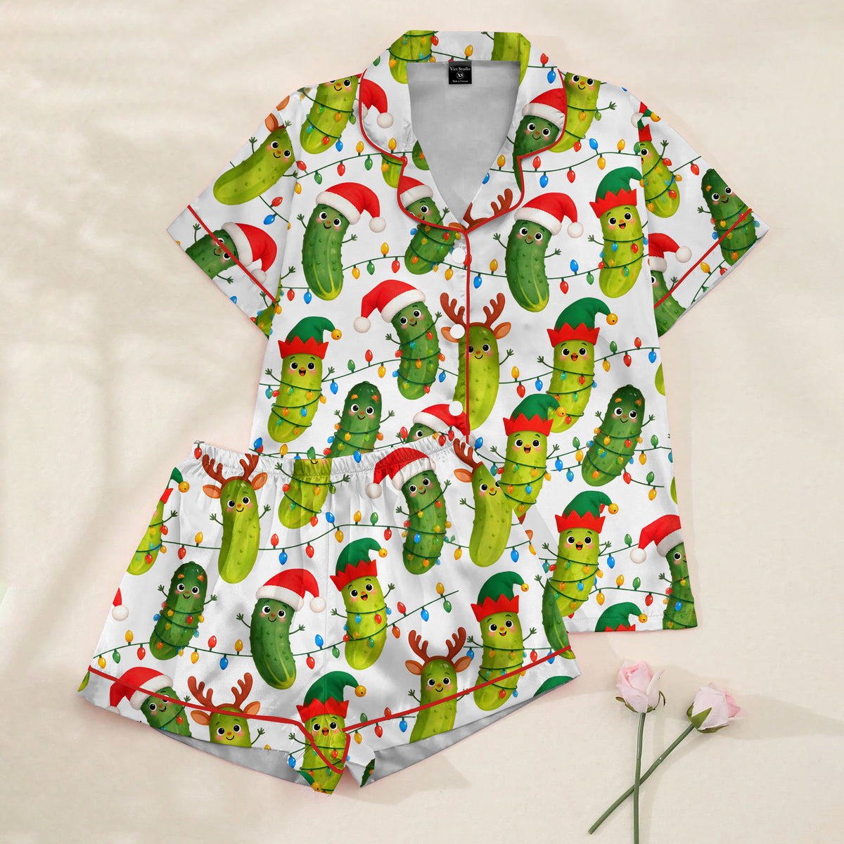 Christmas Pickle and String Lights Print Short Sleeve Pajama Set