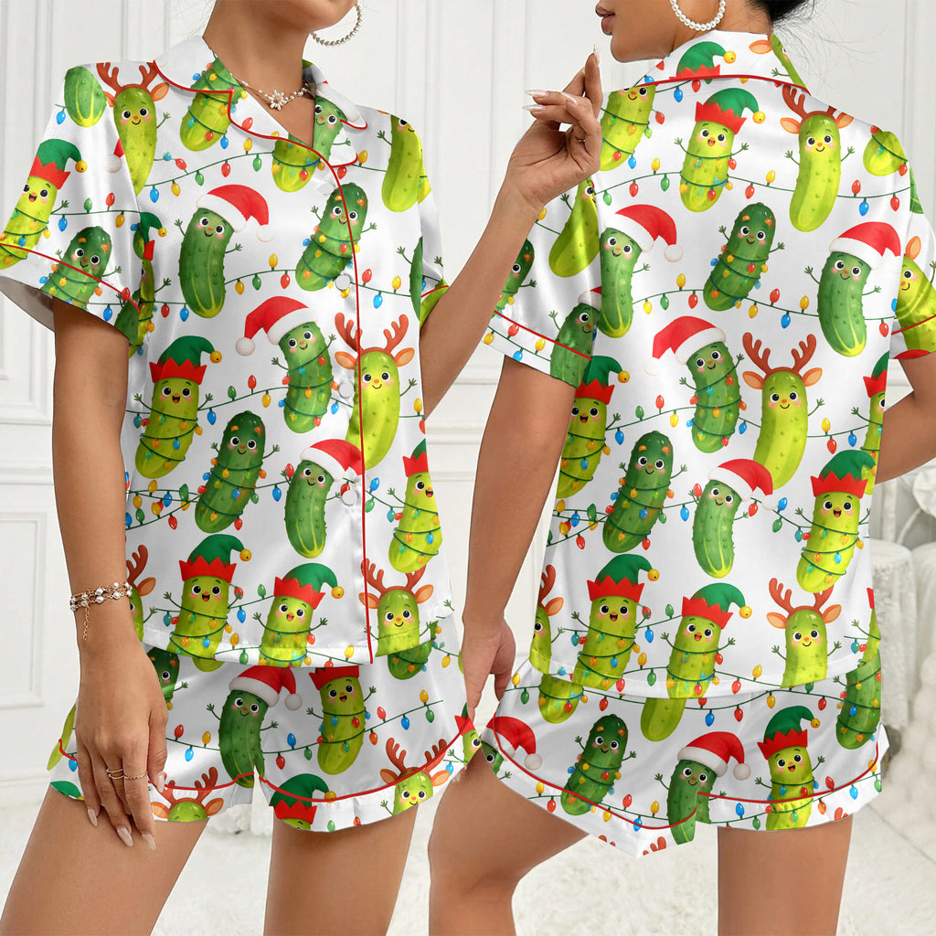 Christmas Pickle and String Lights Print Short Sleeve Pajama Set