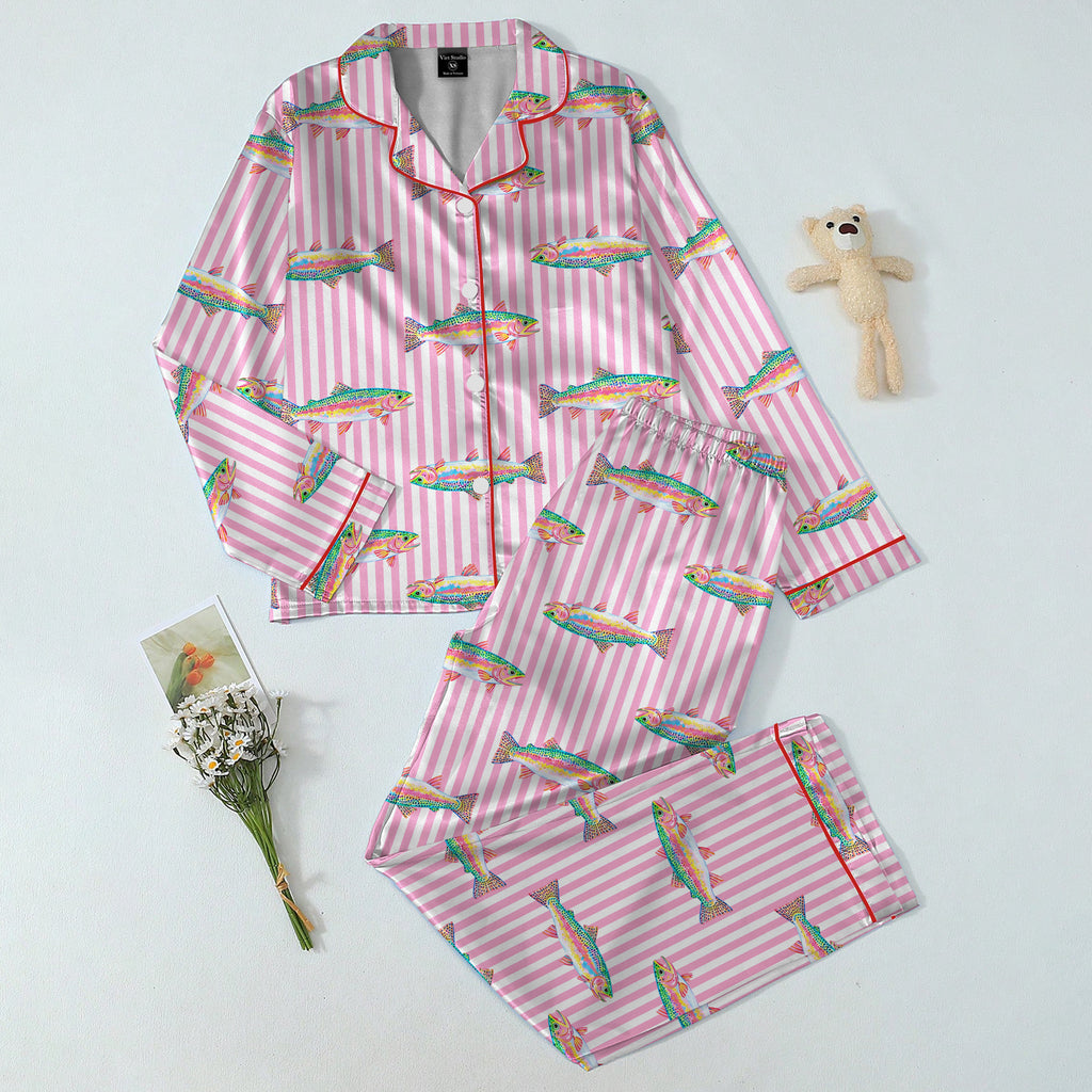 Trout Fish and Vertical Stripe Print Long Sleeve Pajama Set