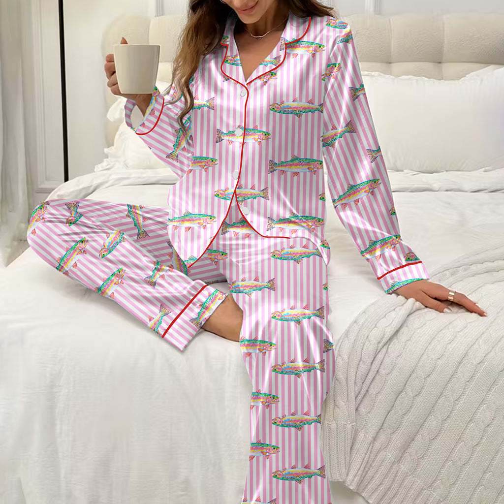 Trout Fish and Vertical Stripe Print Long Sleeve Pajama Set