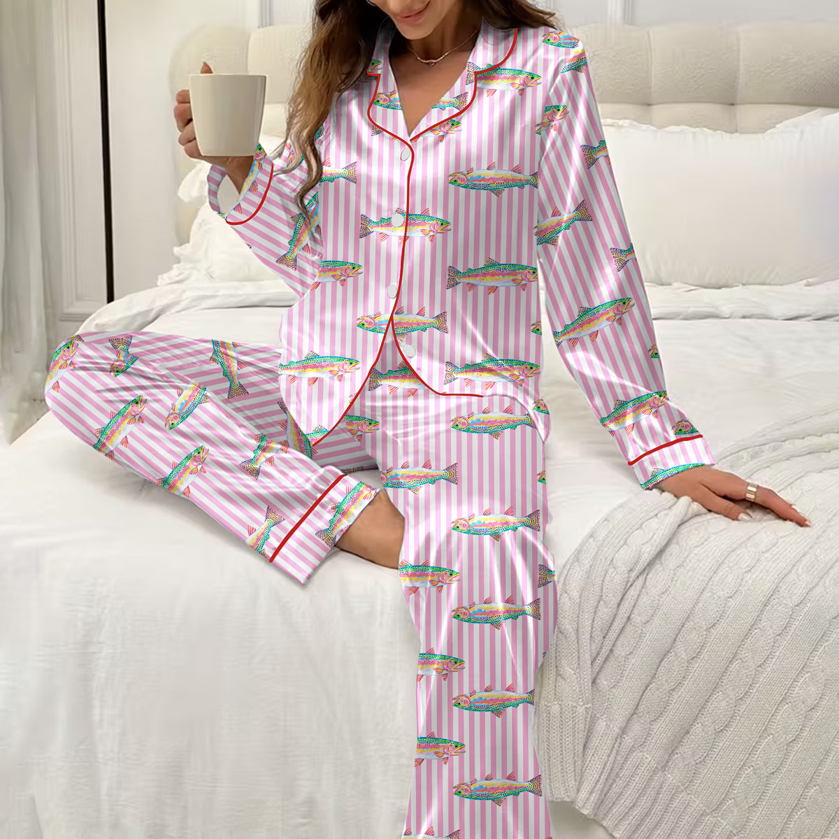 Trout Fish and Vertical Stripe Print Long Sleeve Pajama Set