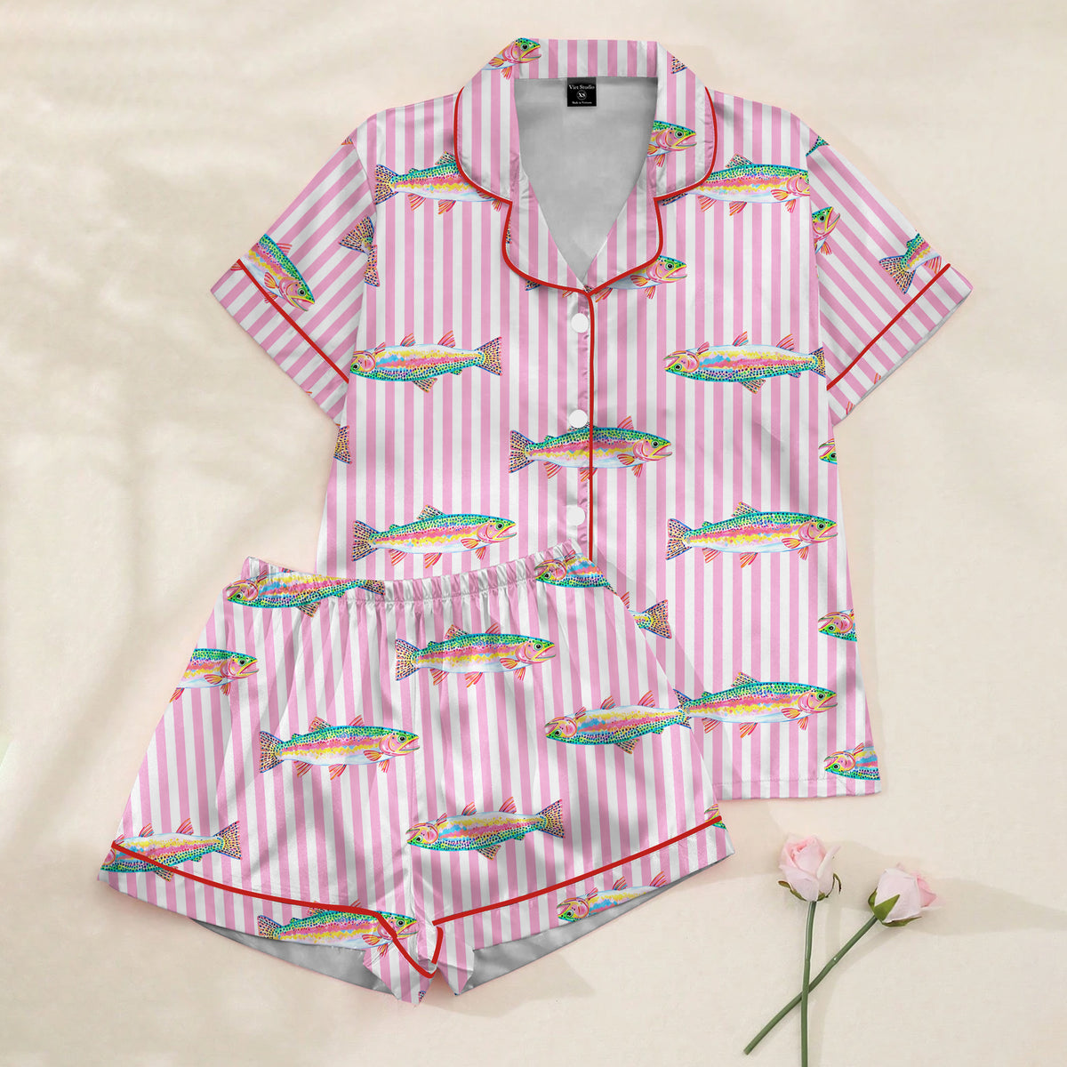 Trout Fish and Vertical Stripe Print Short Sleeve Pajama Set