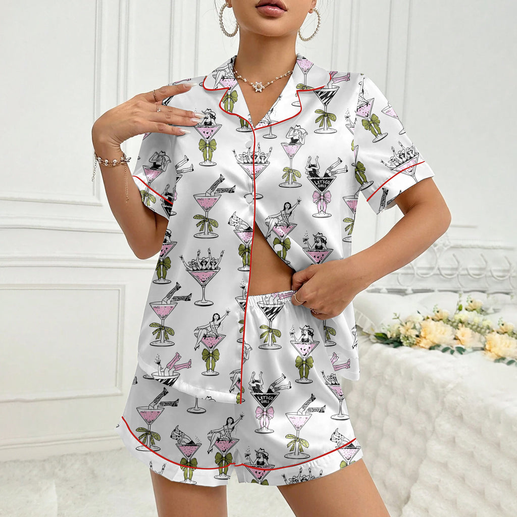 Cowgirl Martini Glass and Bow Print Short Sleeve Pajama Set
