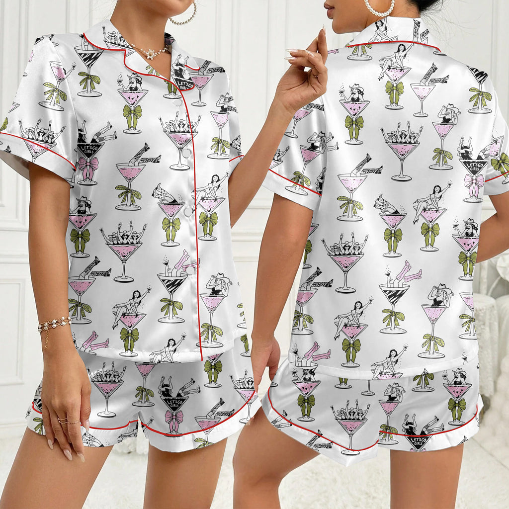 Cowgirl Martini Glass and Bow Print Short Sleeve Pajama Set