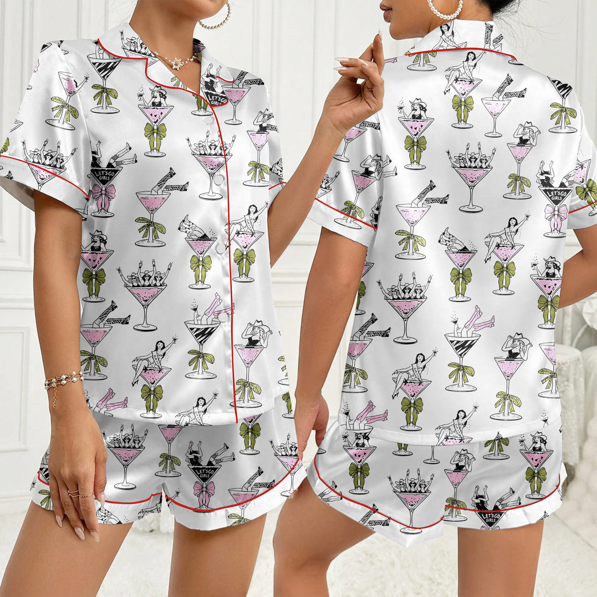Cowgirl Martini Glass and Bow Print Short Sleeve Pajama Set