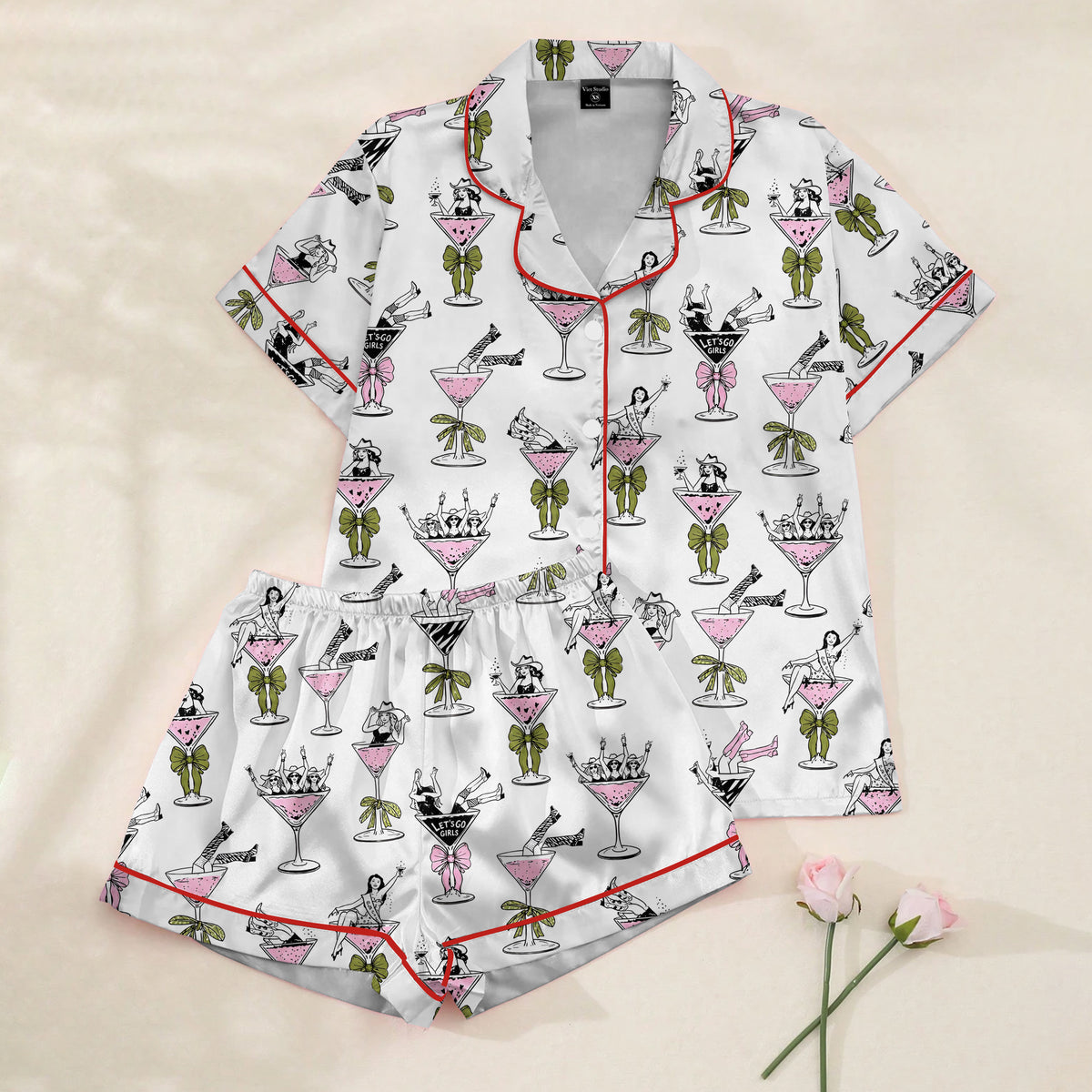 Cowgirl Martini Glass and Bow Print Short Sleeve Pajama Set