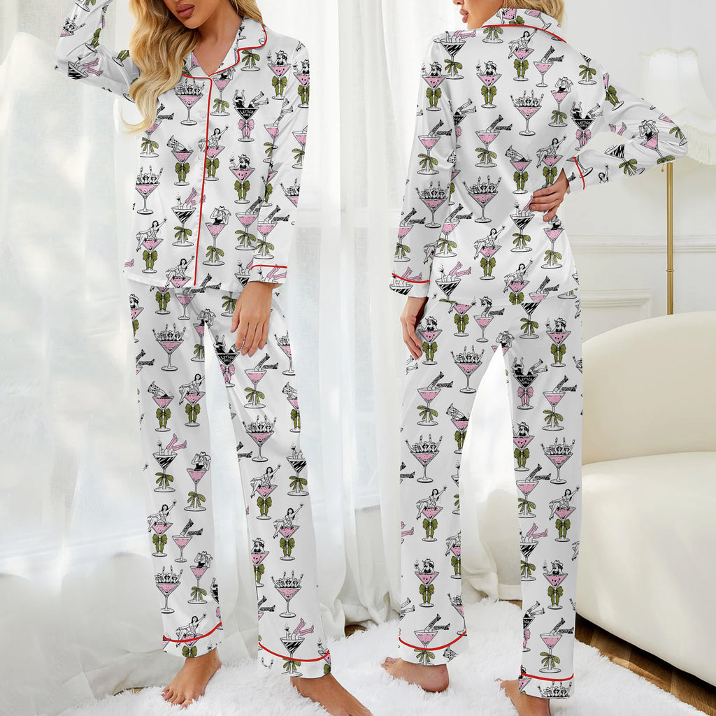 Cowgirl Martini Glass and Bow Print Short Sleeve Pajama Set