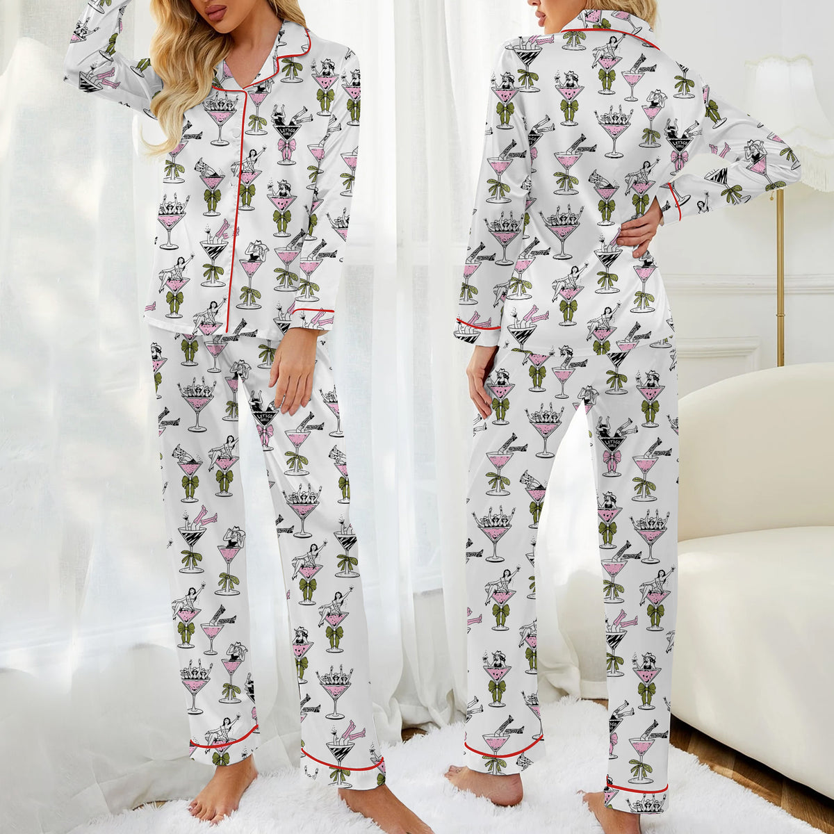 Cowgirl Martini Glass and Bow Print Short Sleeve Pajama Set