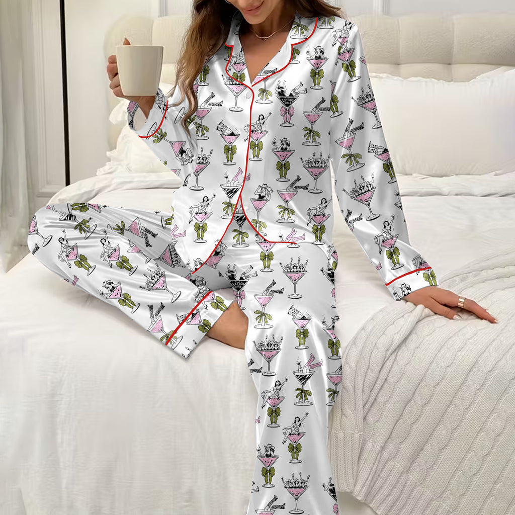 Cowgirl Martini Glass and Bow Print Short Sleeve Pajama Set