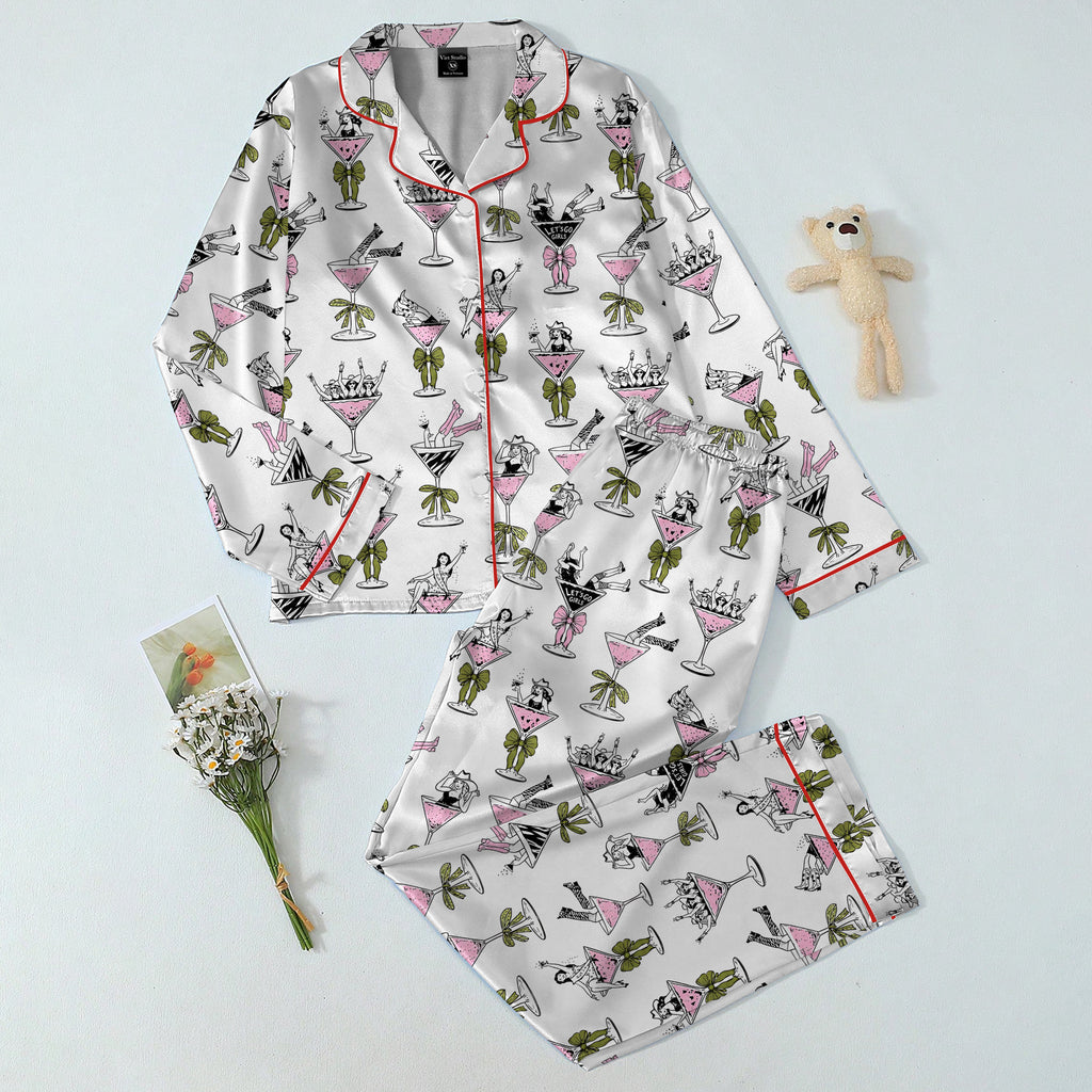 Cowgirl Martini Glass and Bow Print Short Sleeve Pajama Set