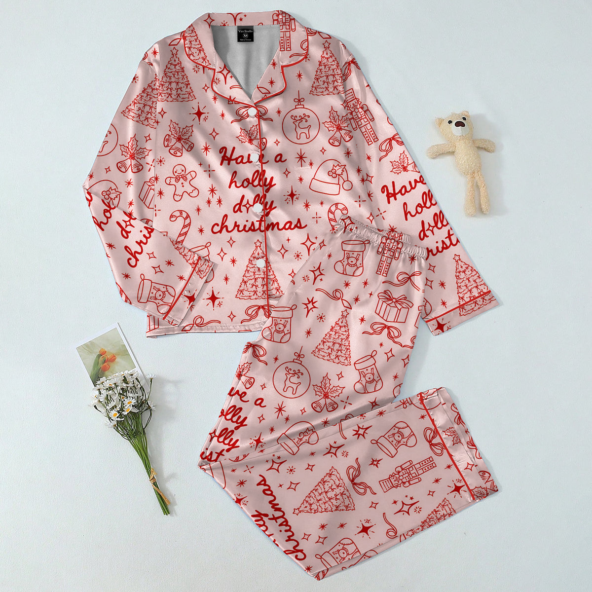 Holly Jolly Christmas Doodle Print Long Sleeve Pajama Set