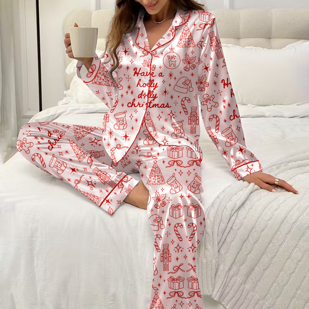 Holly Jolly Christmas Doodle Print Long Sleeve Pajama Set