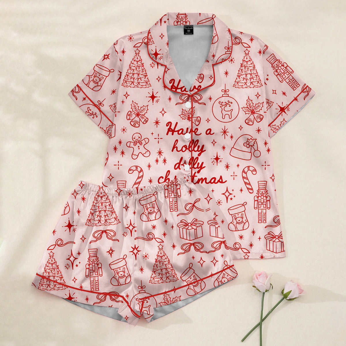 Holly Jolly Christmas Doodle Print Short Sleeve Pajama Set