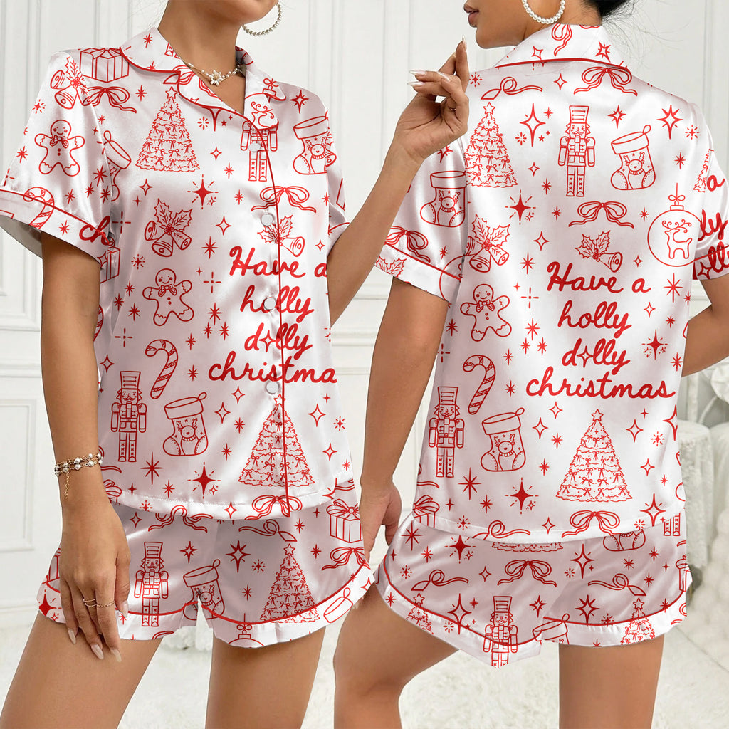 Holly Jolly Christmas Doodle Print Short Sleeve Pajama Set