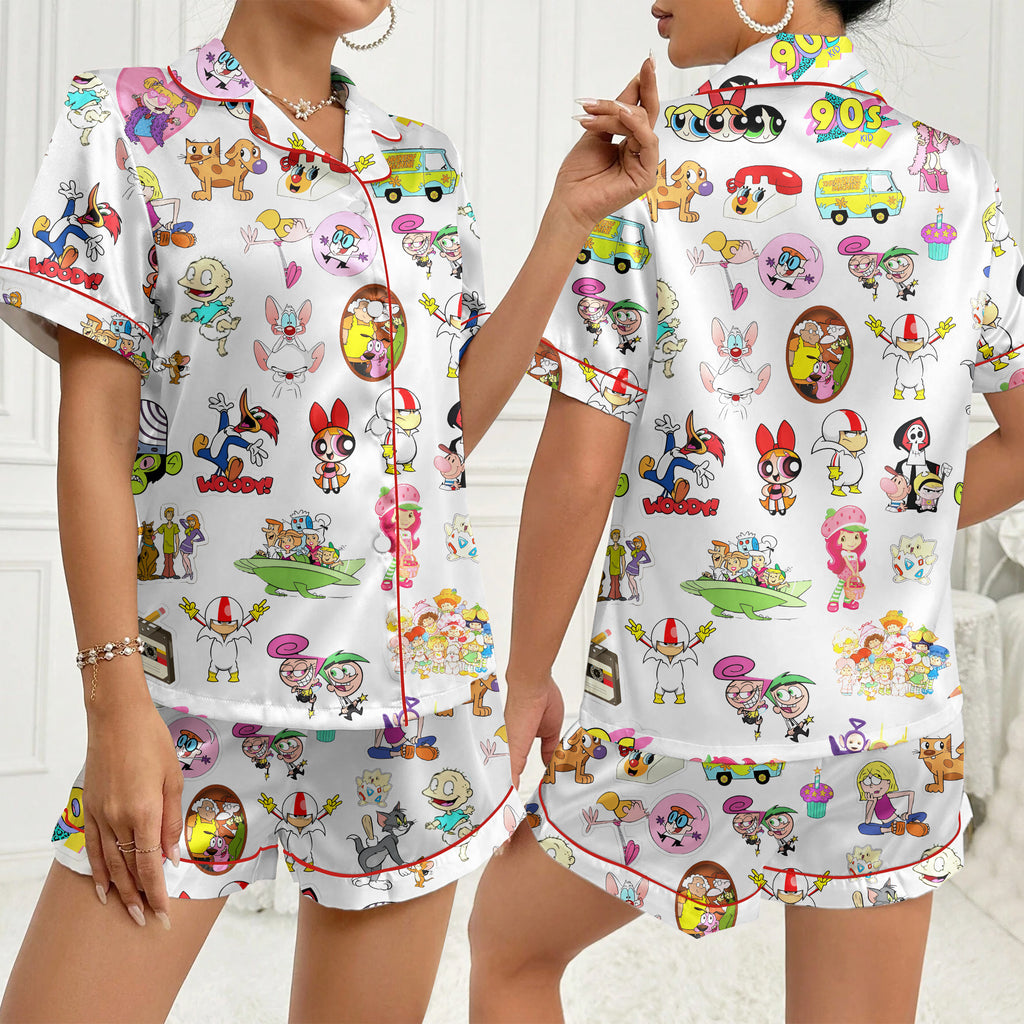 Retro Cartoon Character Collage Print Short Sleeve Pajama Set