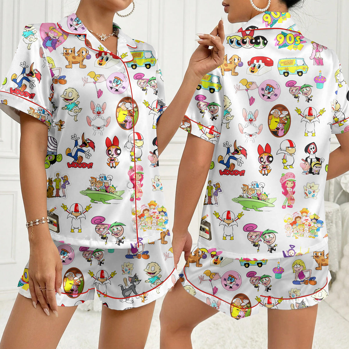 Retro Cartoon Character Collage Print Short Sleeve Pajama Set