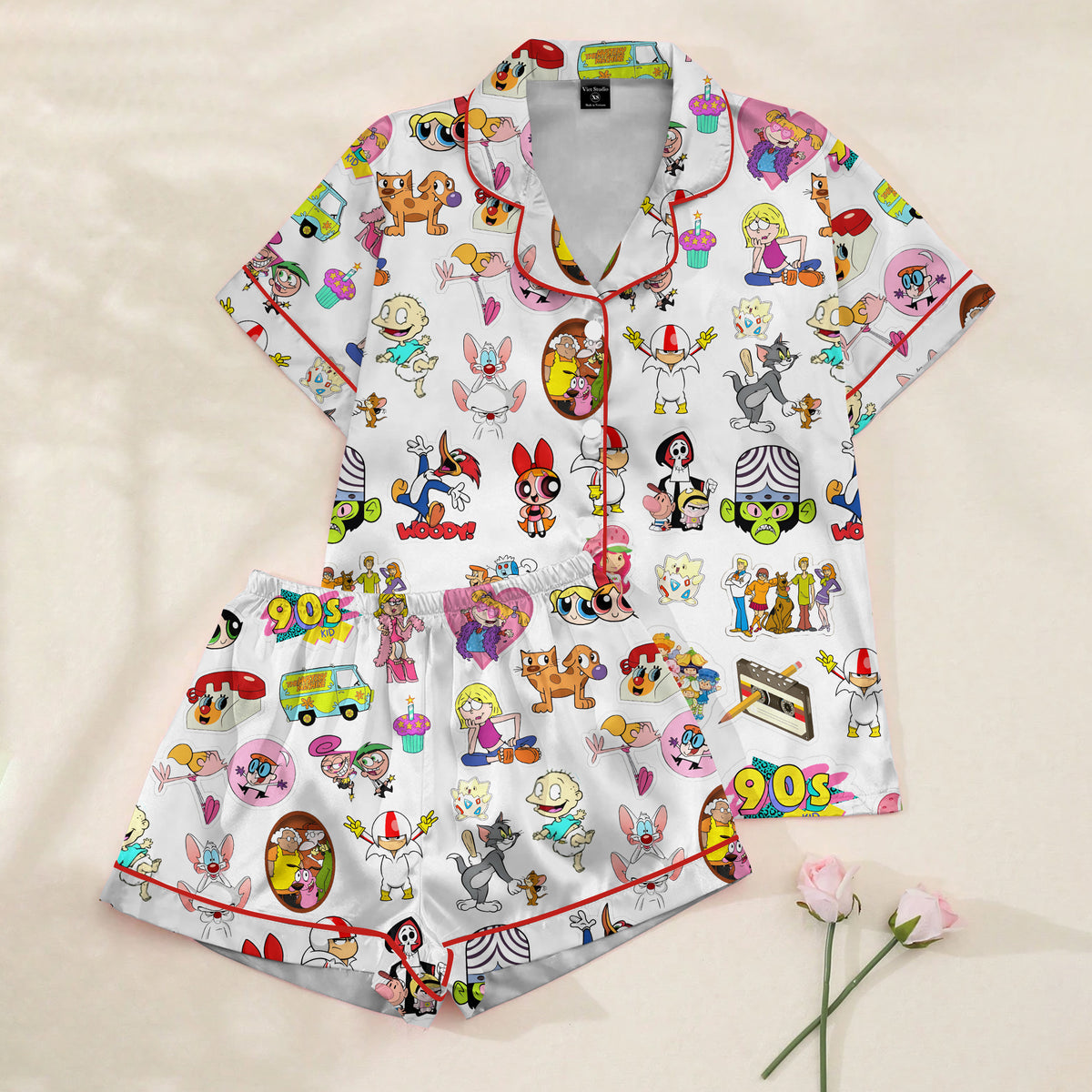 Retro Cartoon Character Collage Print Short Sleeve Pajama Set