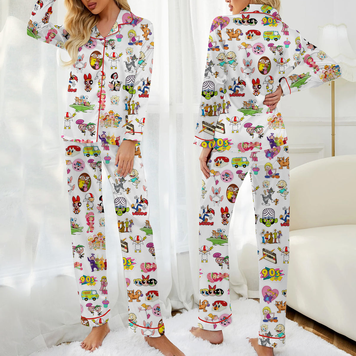 Retro Cartoon Character Collage Print Long Sleeve Pajama Set