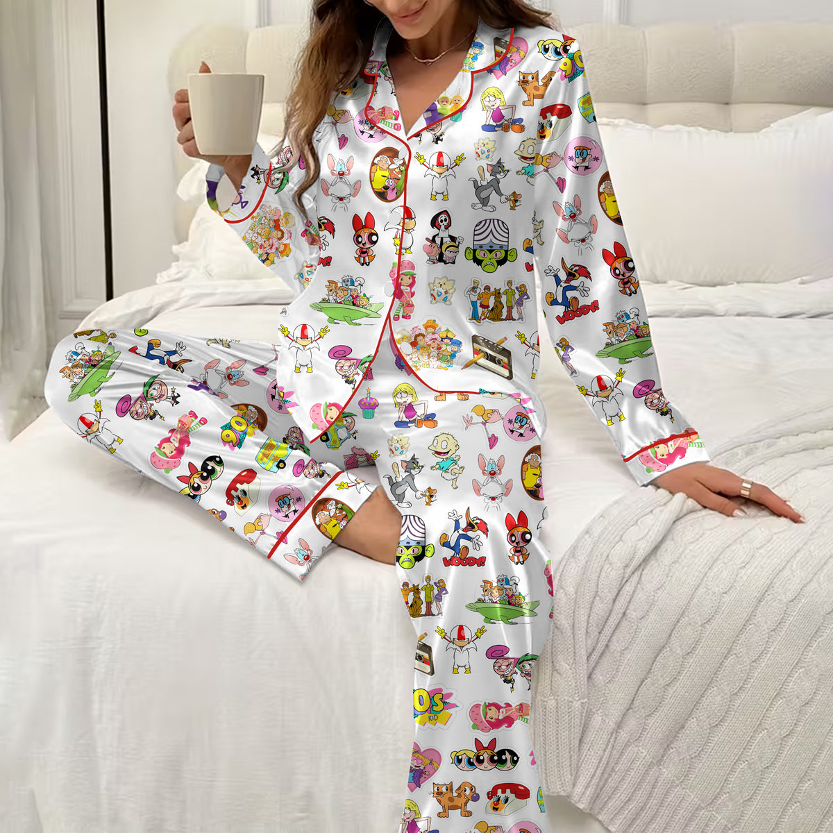 Retro Cartoon Character Collage Print Long Sleeve Pajama Set