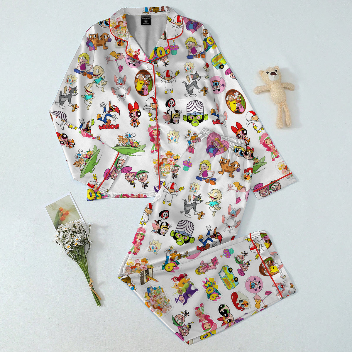 Retro Cartoon Character Collage Print Long Sleeve Pajama Set