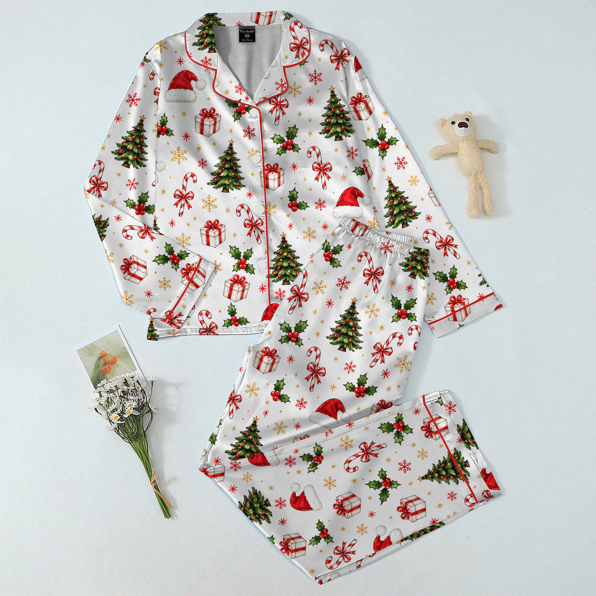 Christmas Tree and Candy Cane Print Long Sleeve Pajama Set