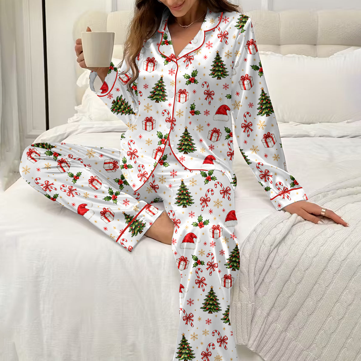 Christmas Tree and Candy Cane Print Long Sleeve Pajama Set