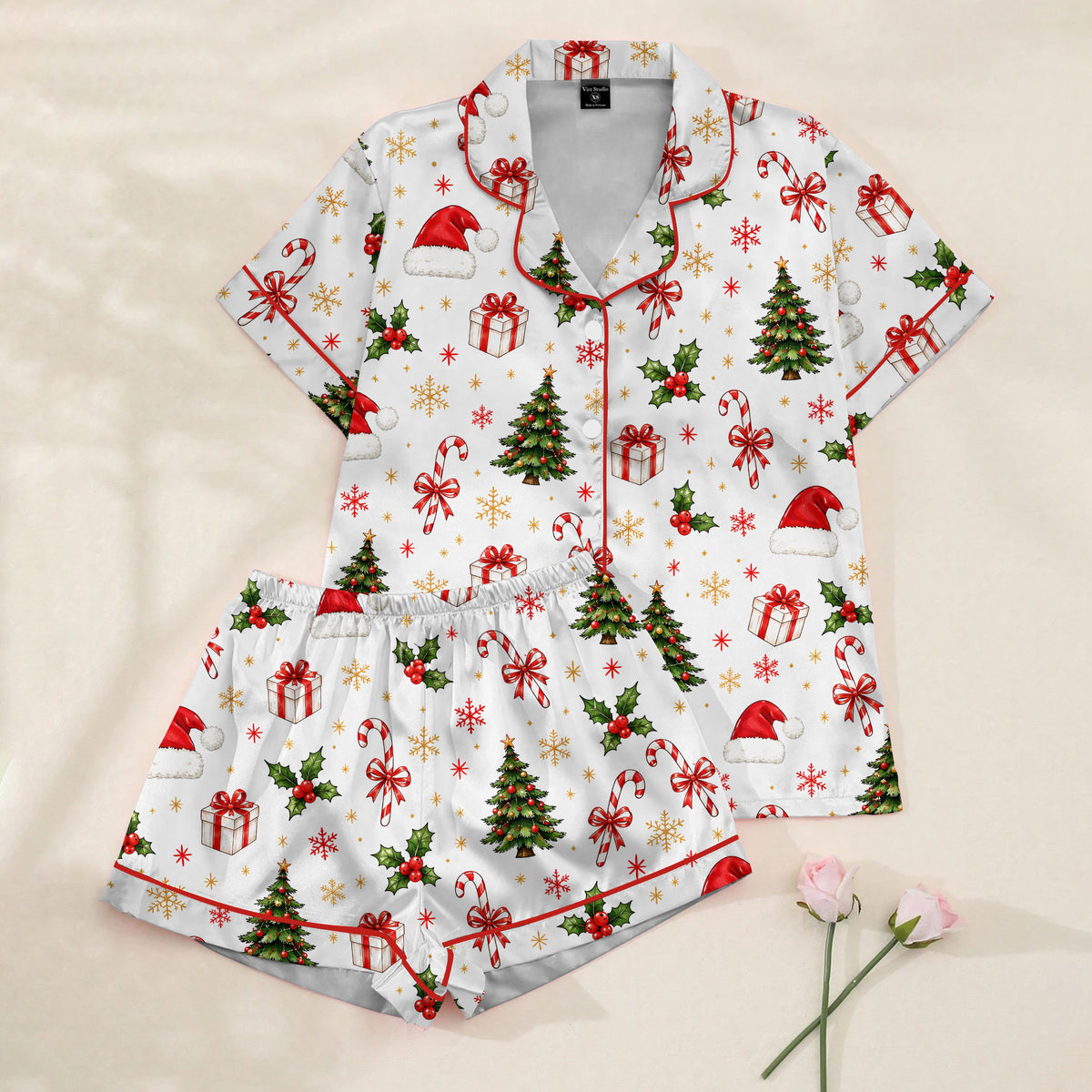 Christmas Tree and Candy Cane Print Short Sleeve Pajama Set