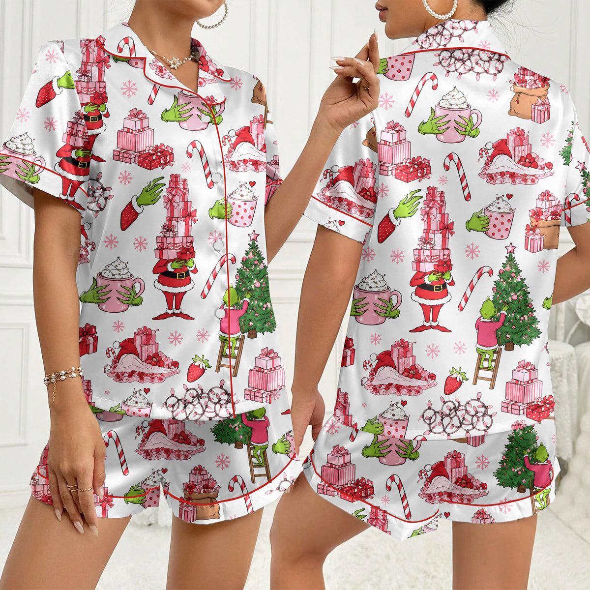 The Grinch Christmas Gifts and Hot Cocoa Print Short Sleeve Pajama Set