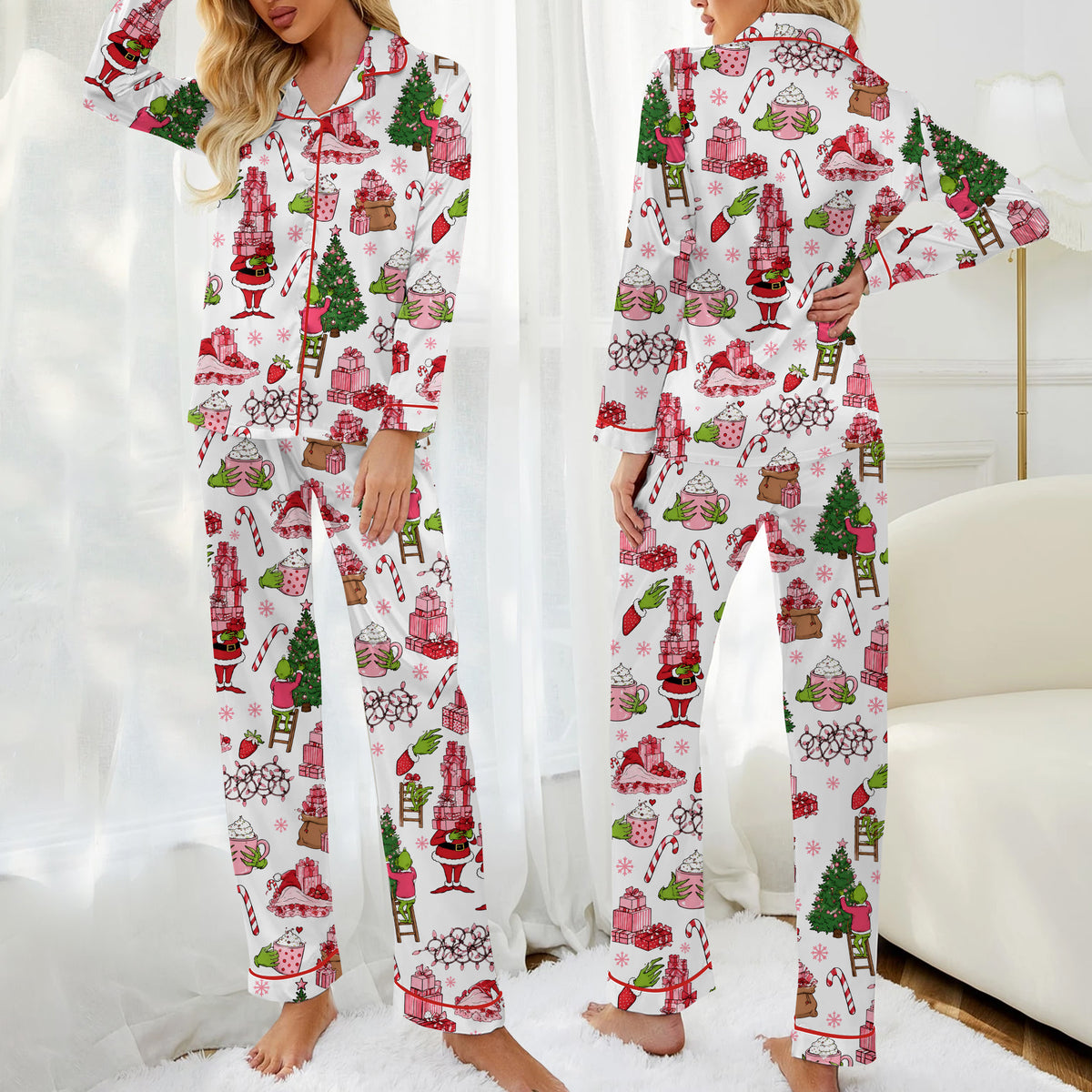 The Grinch Christmas Gifts and Hot Cocoa Print Long Sleeve Pajama Set