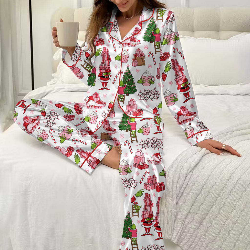 The Grinch Christmas Gifts and Hot Cocoa Print Long Sleeve Pajama Set