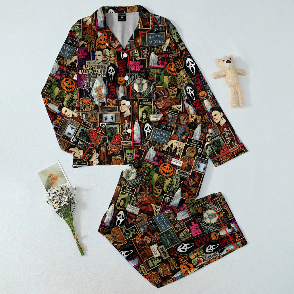 Halloween Horror Movie Character Collage Print Long Sleeve Pajama Set