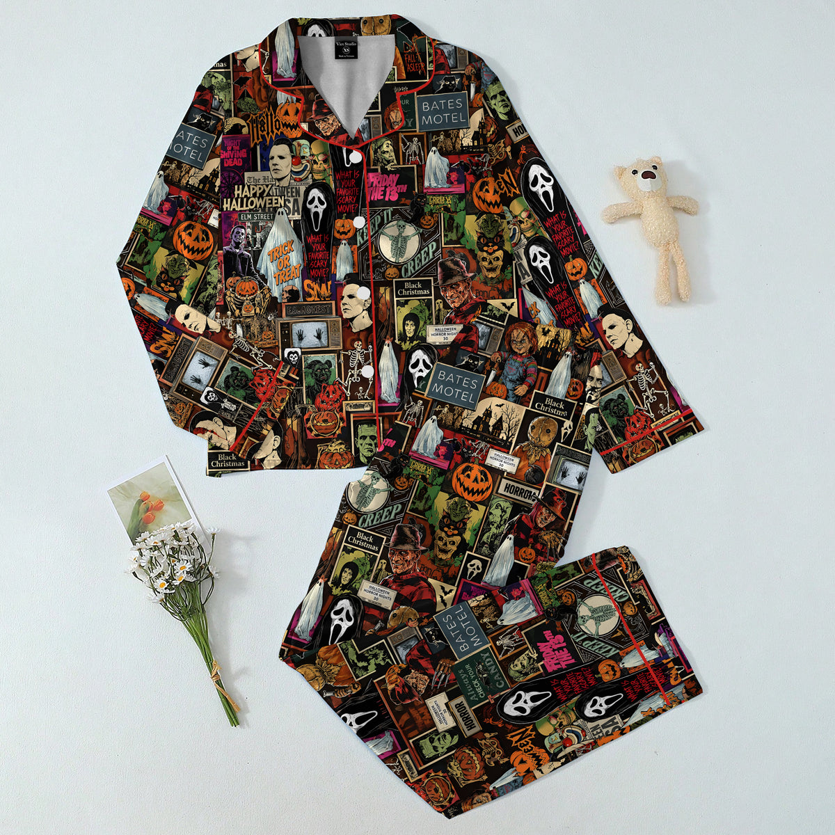 Halloween Horror Movie Character Collage Print Long Sleeve Pajama Set