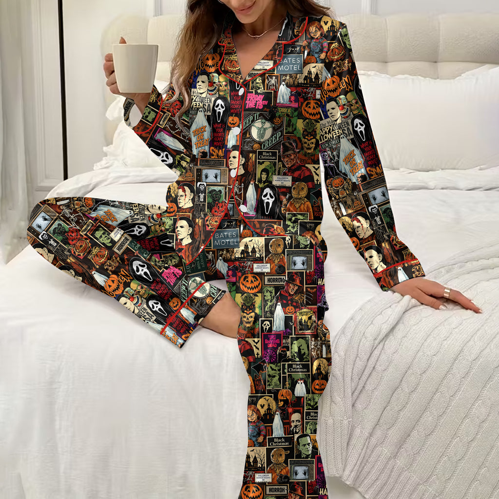 Halloween Horror Movie Character Collage Print Long Sleeve Pajama Set