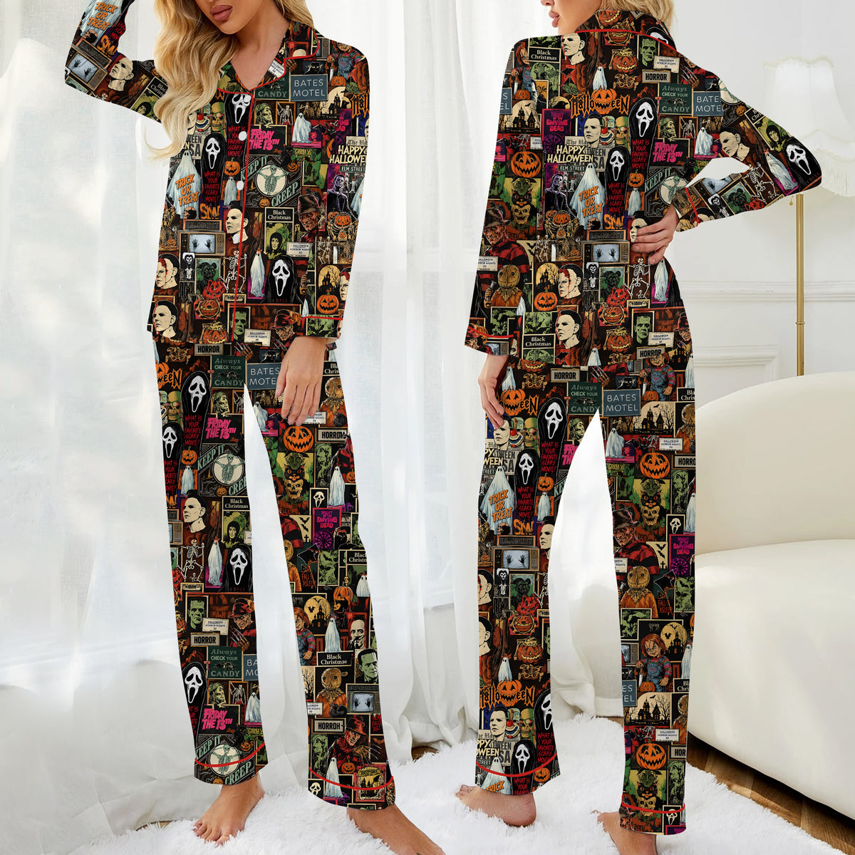 Halloween Horror Movie Character Collage Print Long Sleeve Pajama Set