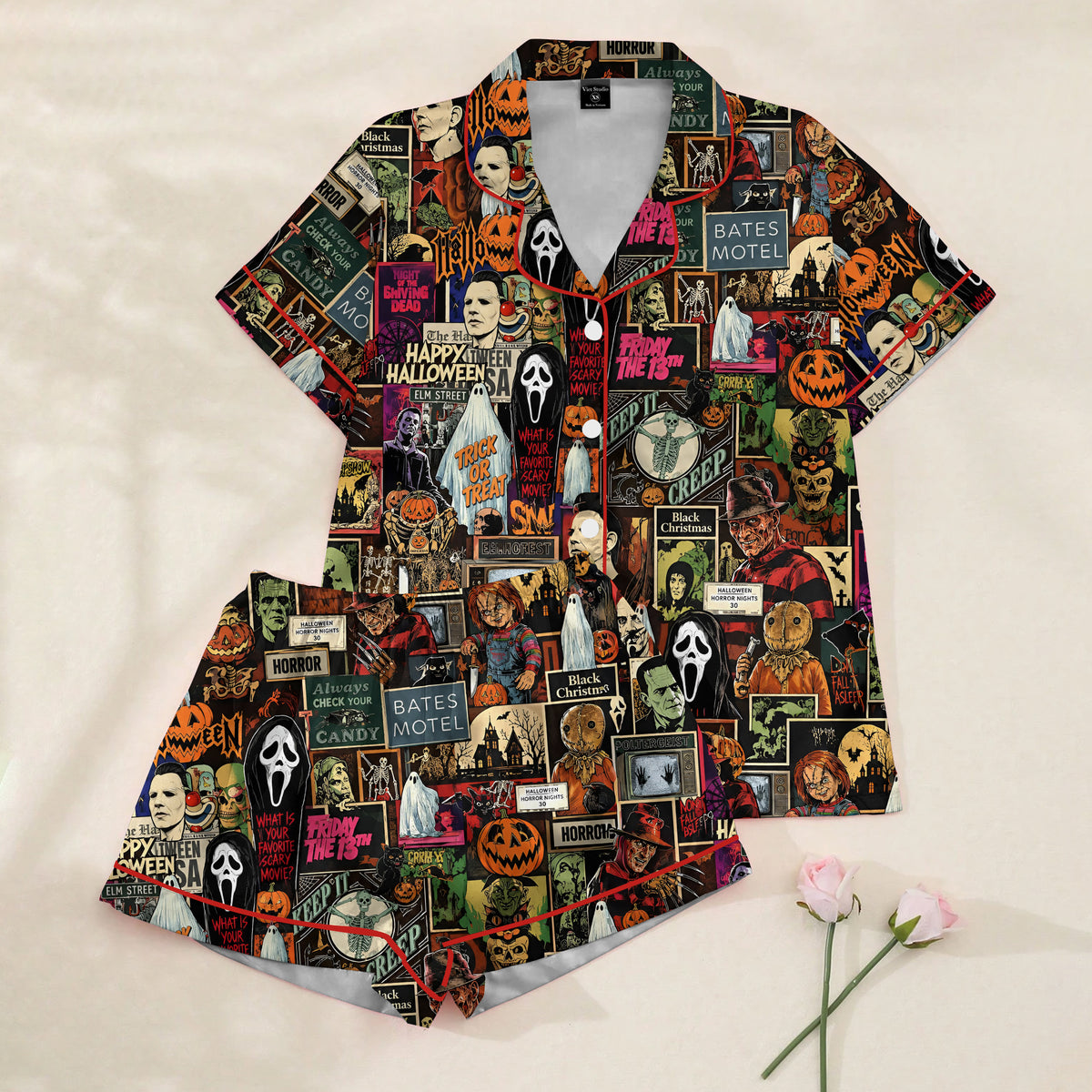 Halloween Horror Movie Character Collage Print Short Sleeve Pajama Set