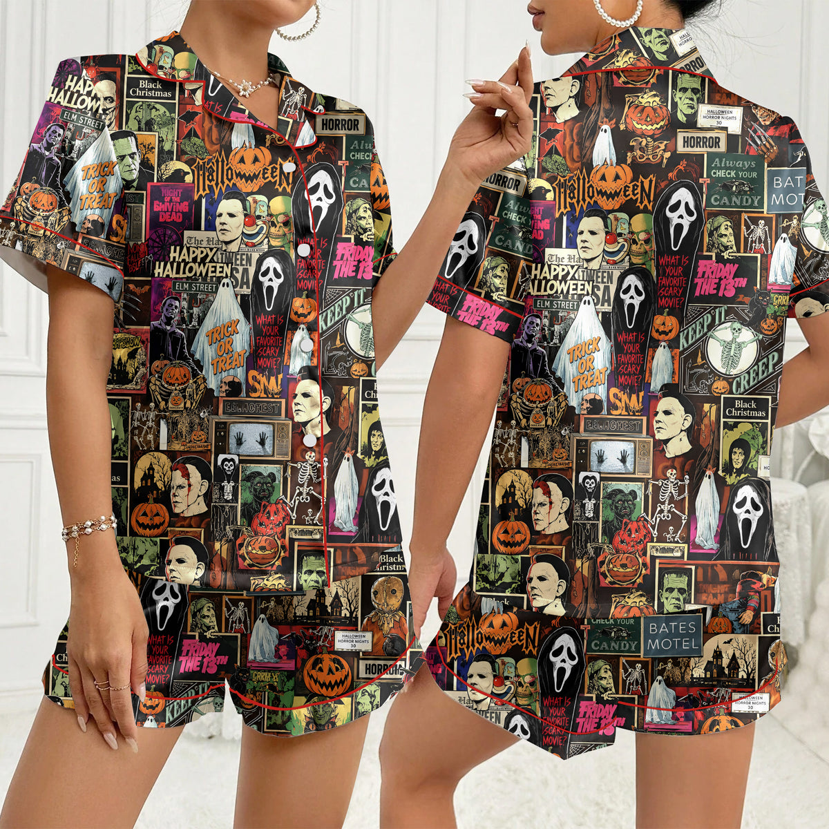 Halloween Horror Movie Character Collage Print Short Sleeve Pajama Set