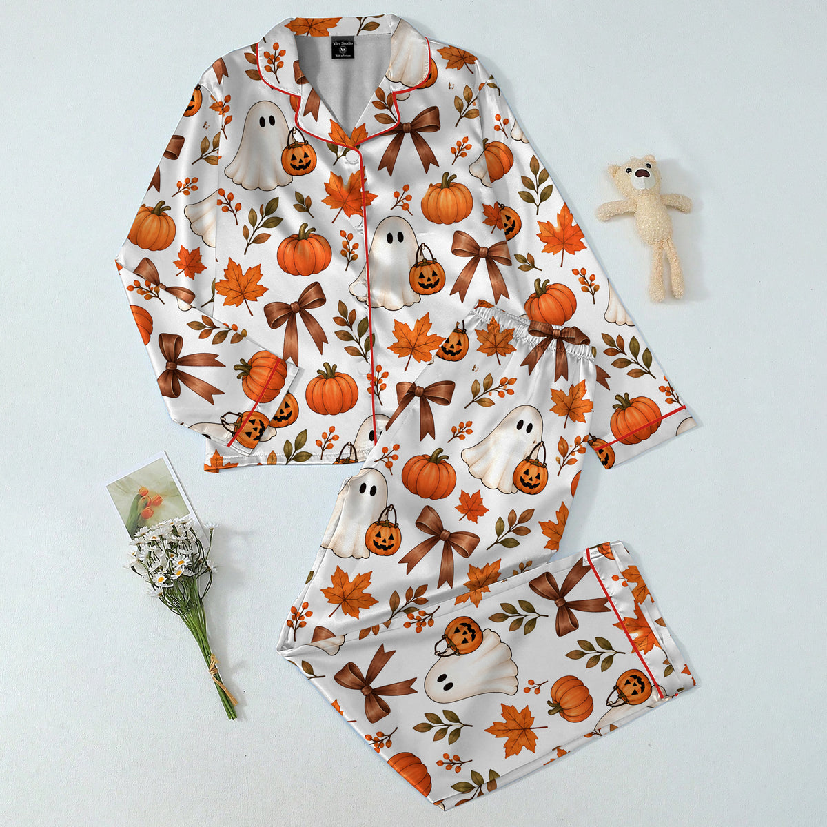 Halloween Ghost Pumpkin and Bow Print Long Sleeve Pajama Set