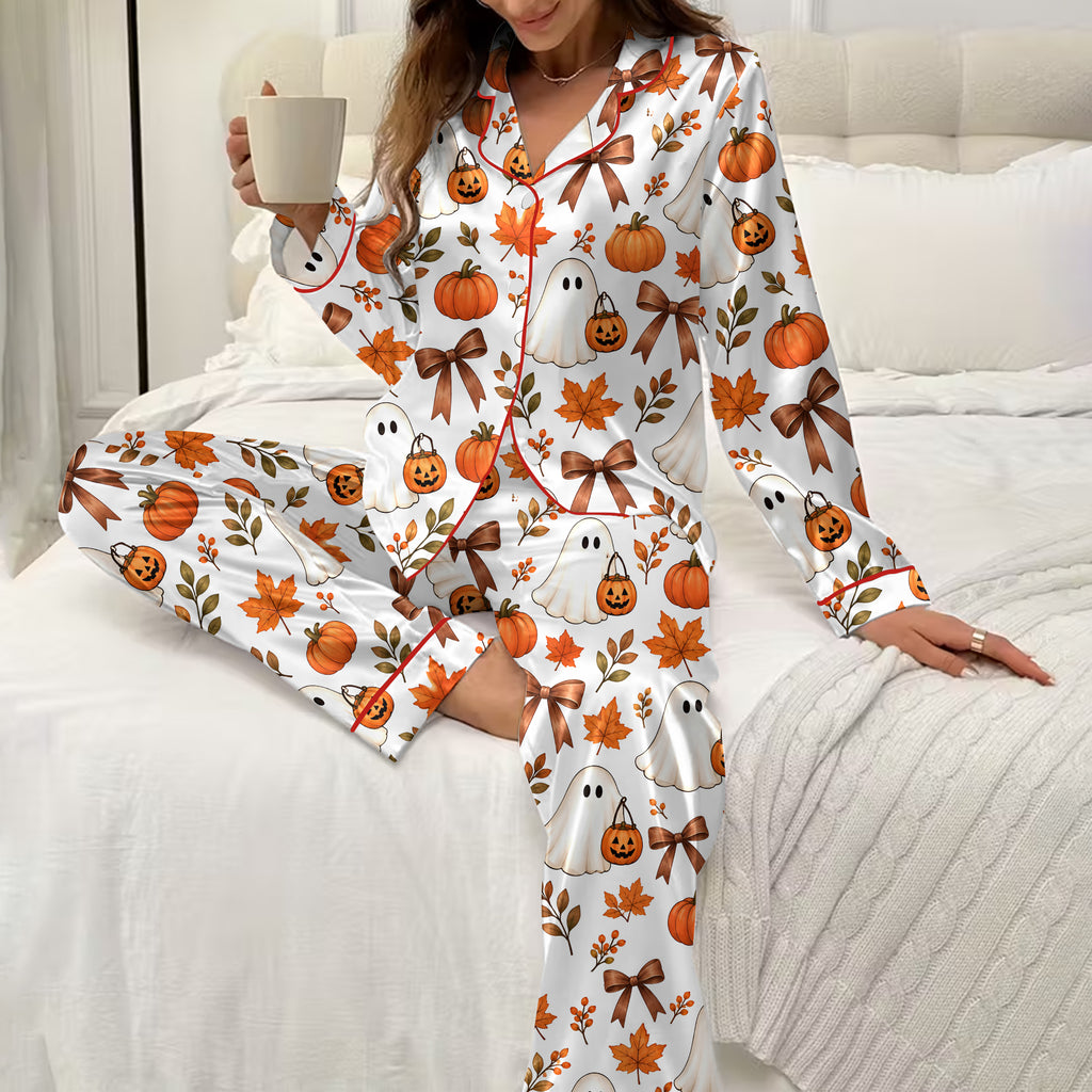 Halloween Ghost Pumpkin and Bow Print Long Sleeve Pajama Set