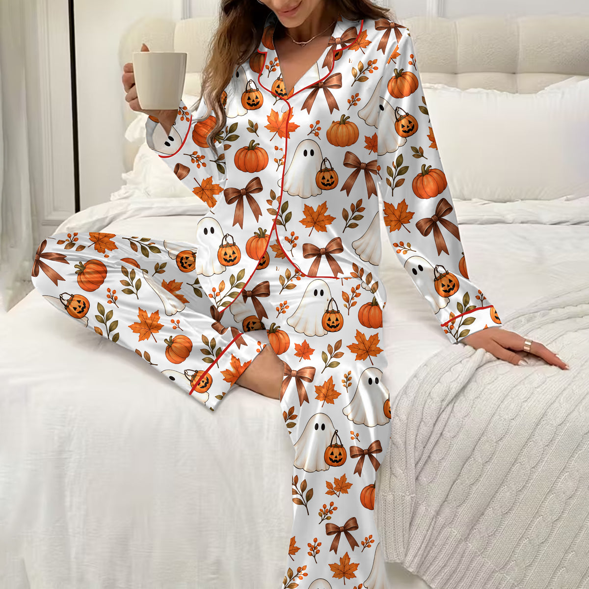 Halloween Ghost Pumpkin and Bow Print Long Sleeve Pajama Set