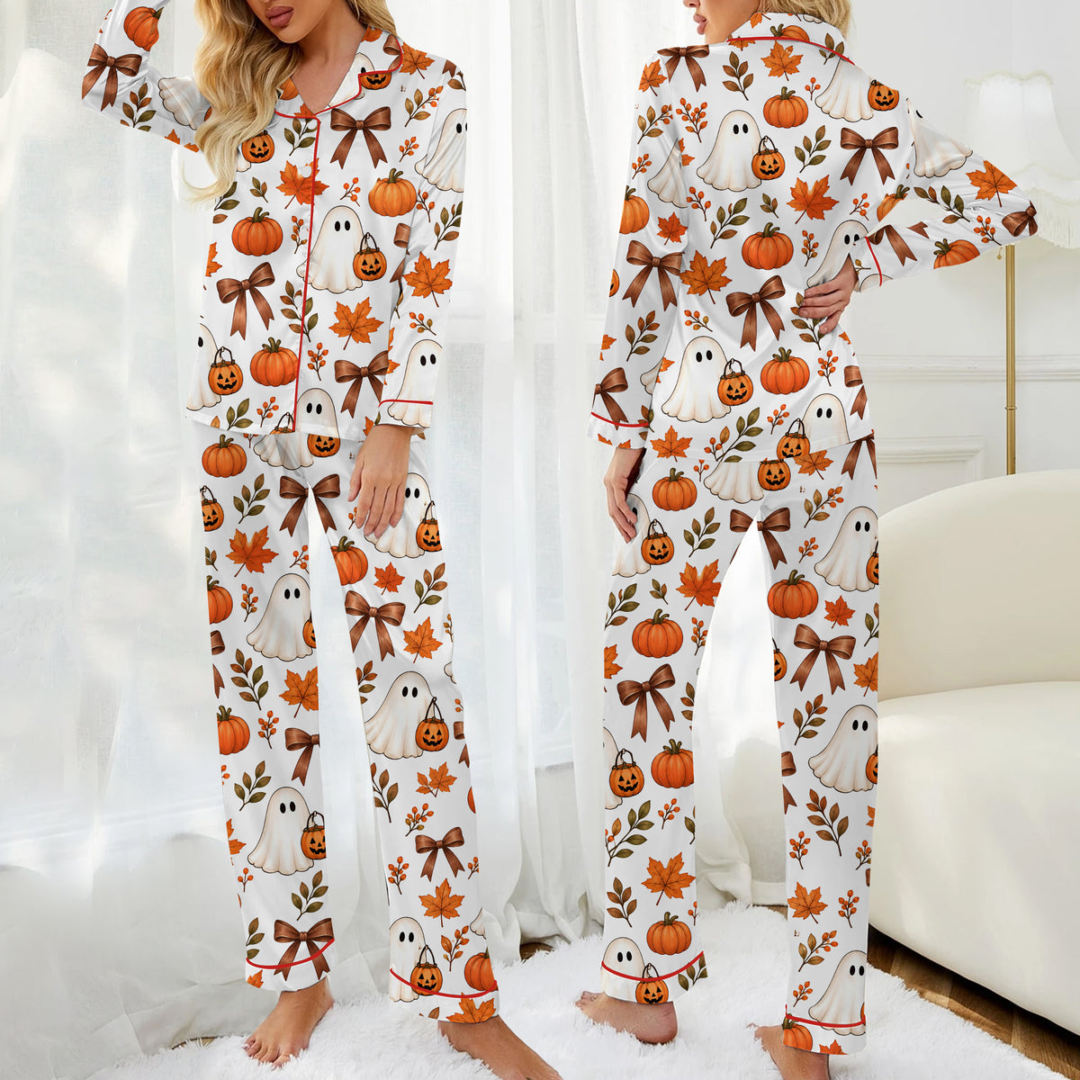 Halloween Ghost Pumpkin and Bow Print Long Sleeve Pajama Set