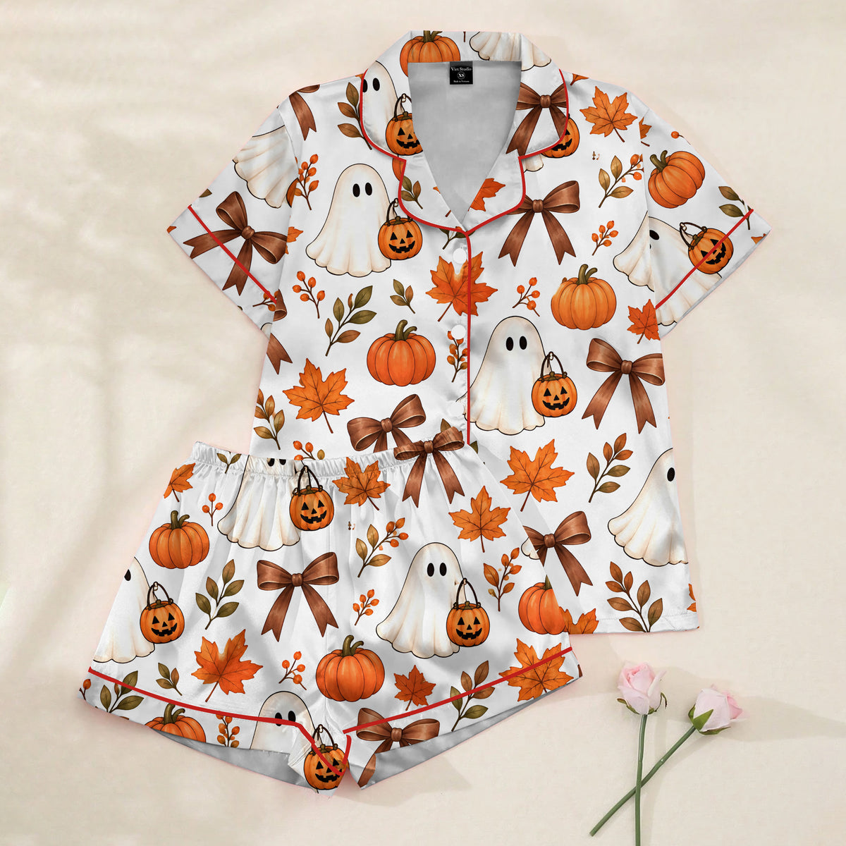 Halloween Ghost Pumpkin and Bow Print Short Sleeve Pajama Set