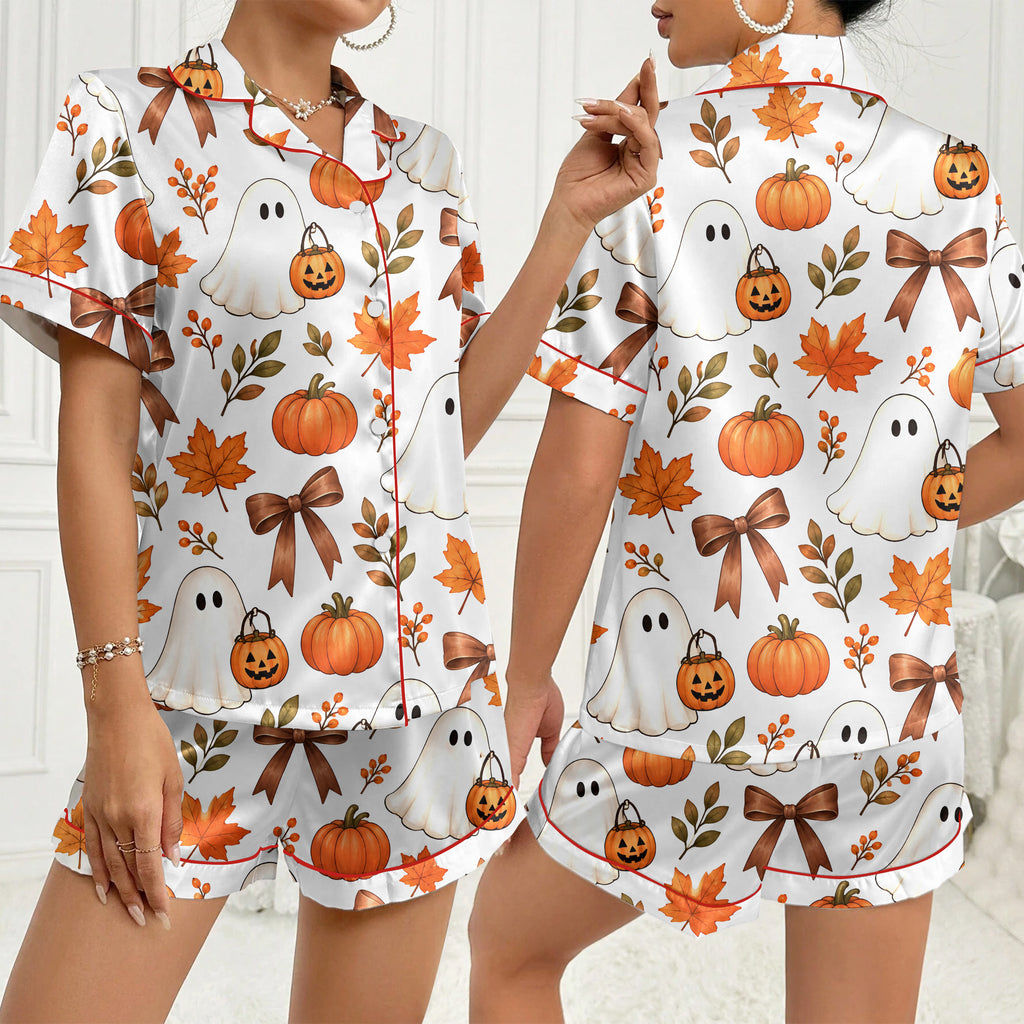 Halloween Ghost Pumpkin and Bow Print Short Sleeve Pajama Set