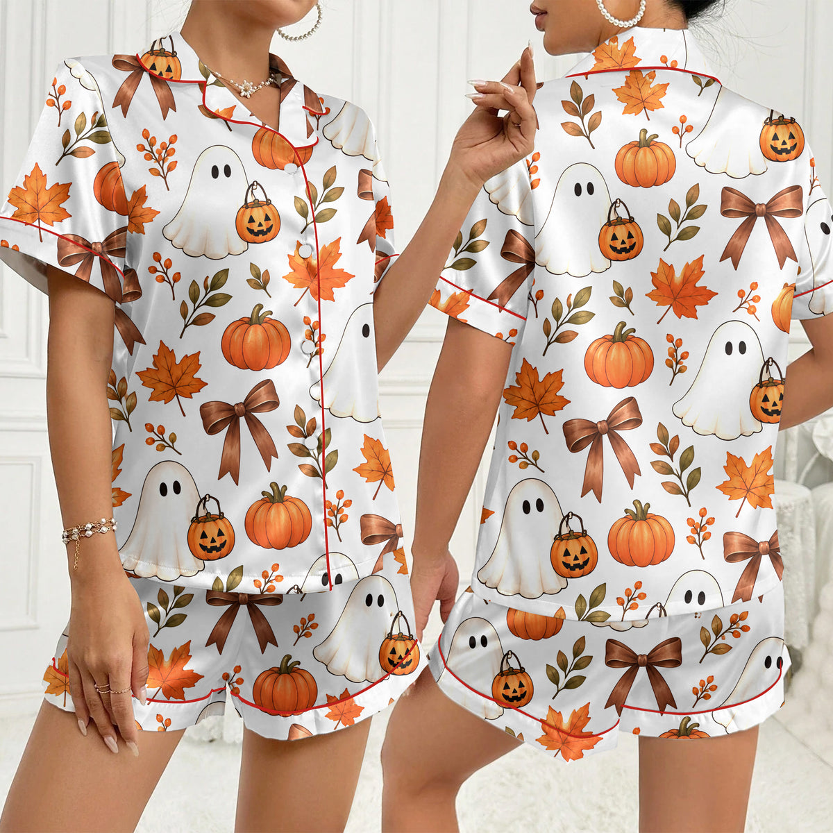 Halloween Ghost Pumpkin and Bow Print Short Sleeve Pajama Set
