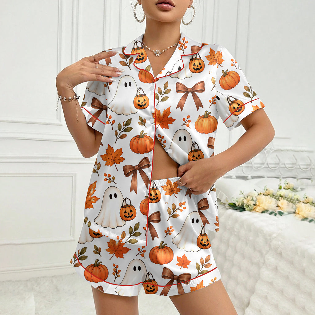 Halloween Ghost Pumpkin and Bow Print Short Sleeve Pajama Set
