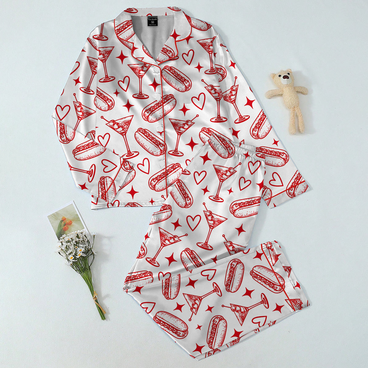Hot Dog Martini and Heart Print Long Sleeve Pajama Set