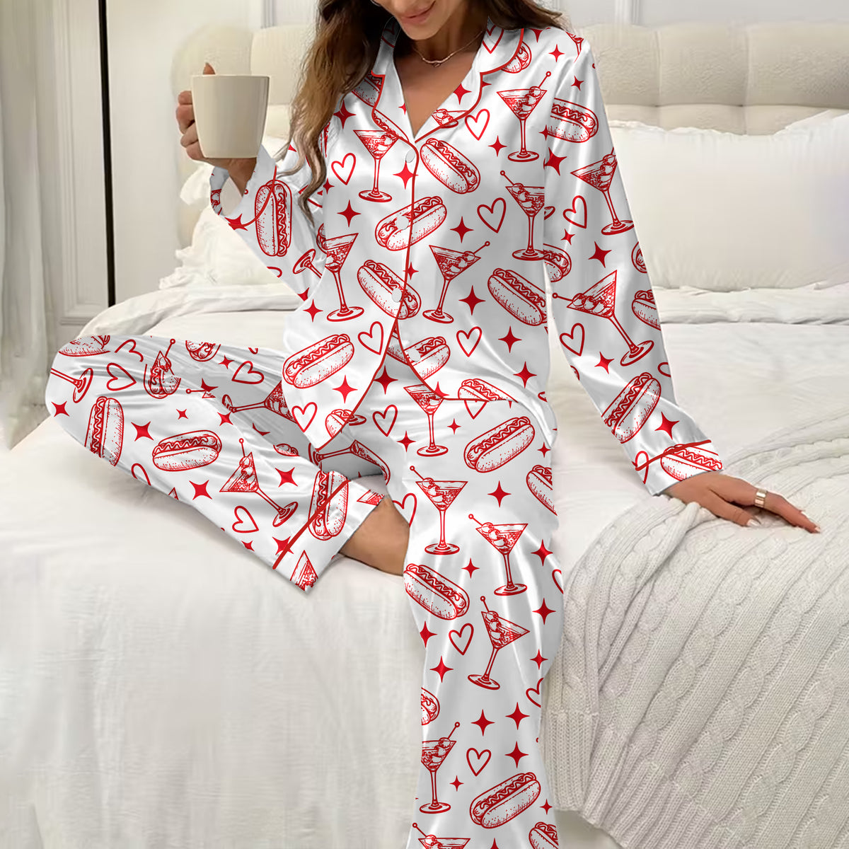 Hot Dog Martini and Heart Print Long Sleeve Pajama Set