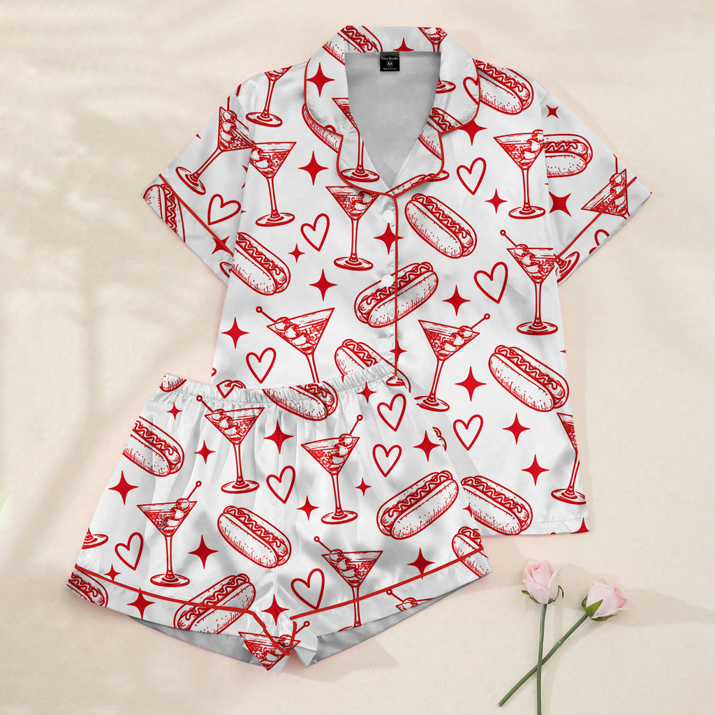 Hot Dog Martini and Heart Print Short Sleeve Pajama Set