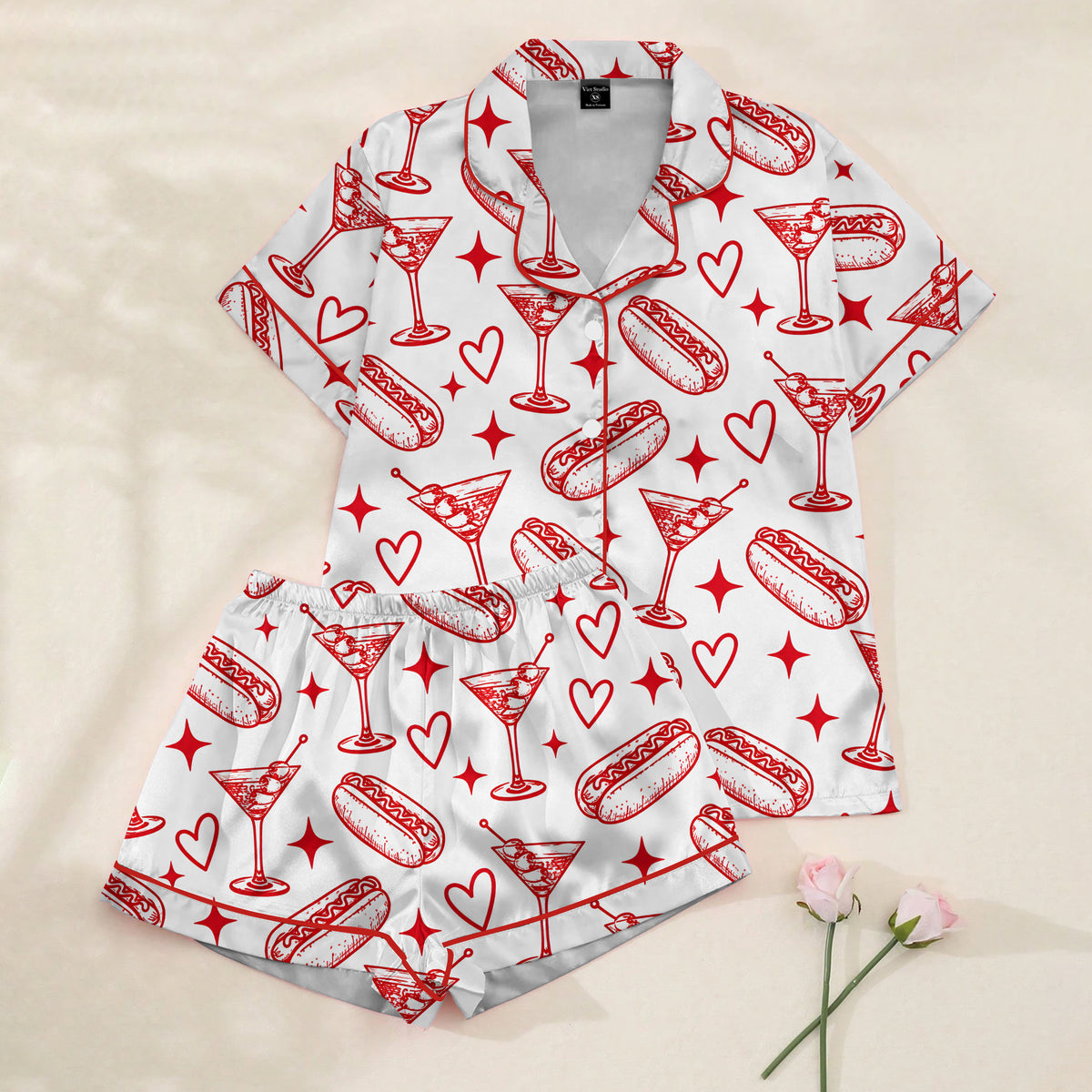 Hot Dog Martini and Heart Print Short Sleeve Pajama Set